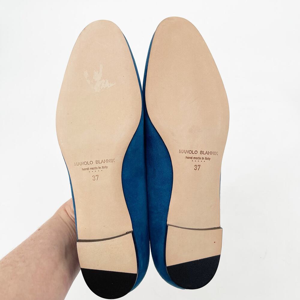Manolo Blahnik Maydi Turquoise Suede Decorative Buckle Almond Toe Flats IT 37 - Picture 11 of 14